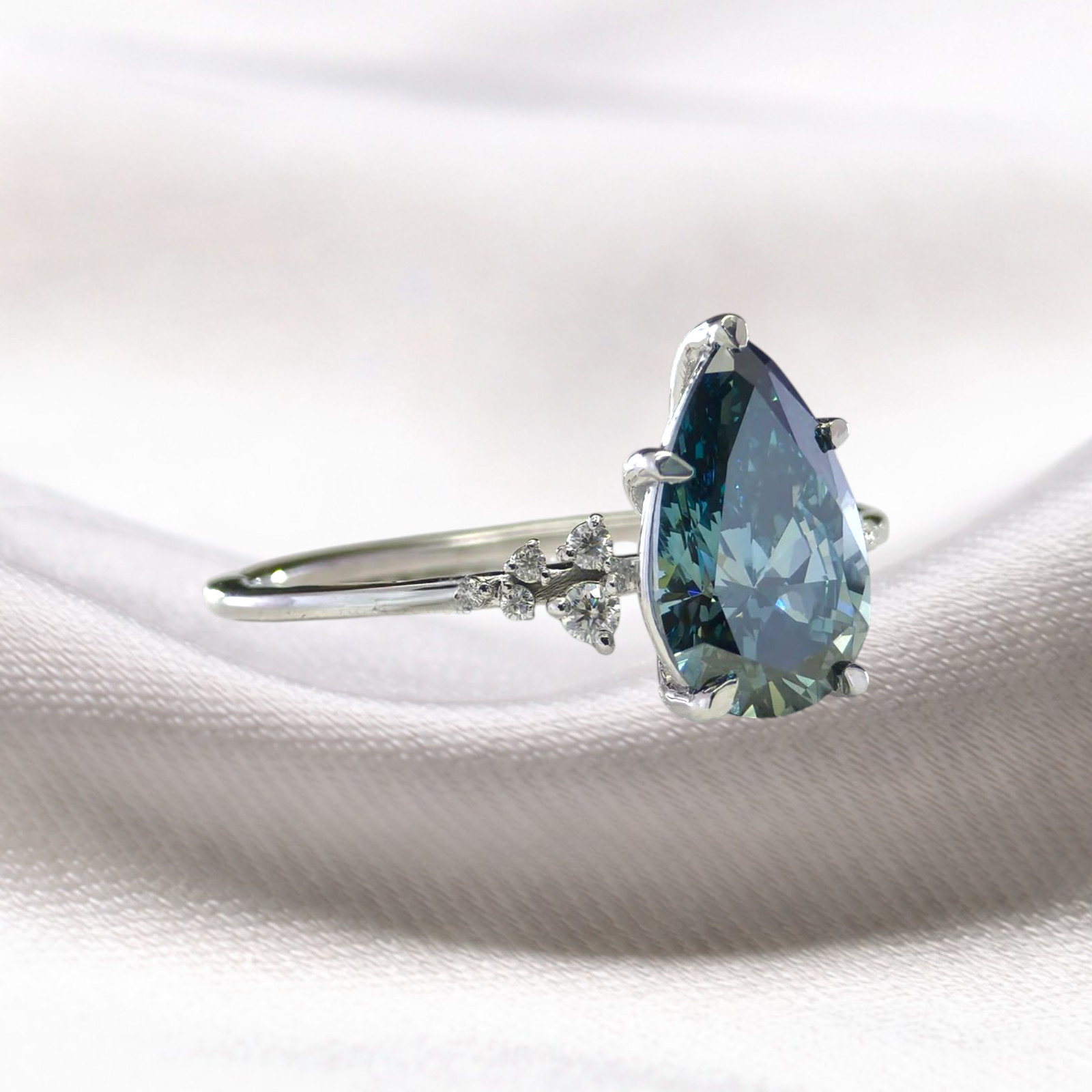 Fancy Intense Blue 2.15 CT Pear Cut Lab Grown Diamond Women Ring 14K White Gold