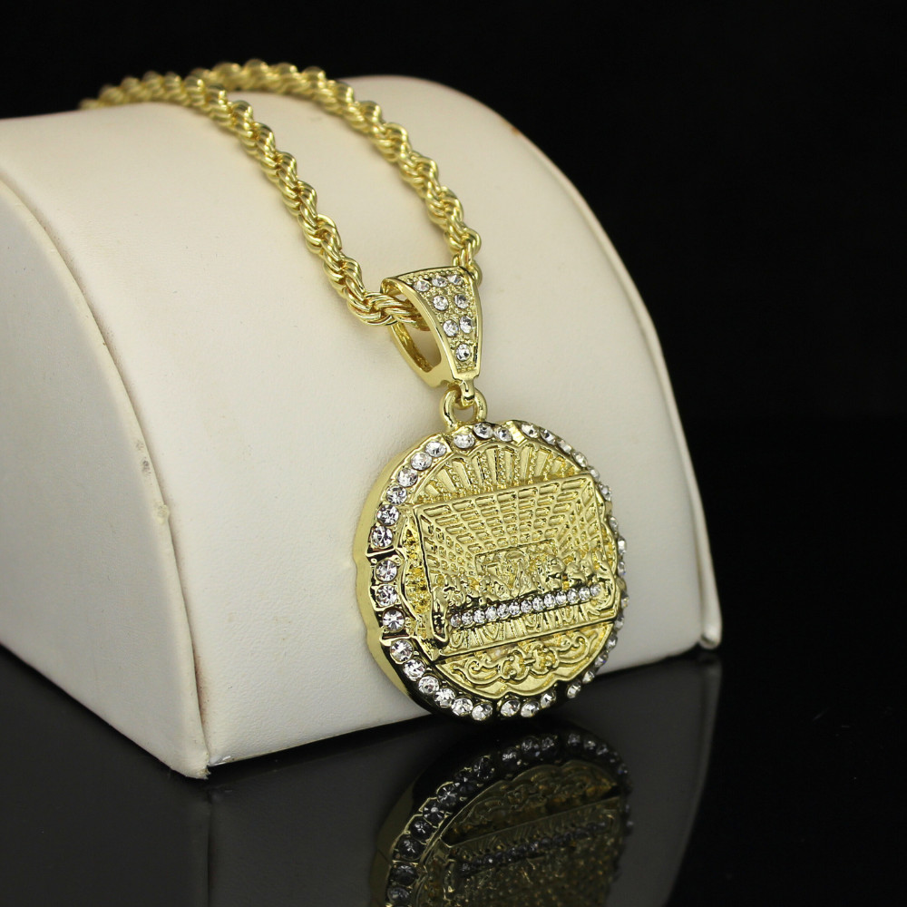 Round Iced Medium Last Supper CZ Pendant 14k Gold Plated 24″ Rope Chain Necklace