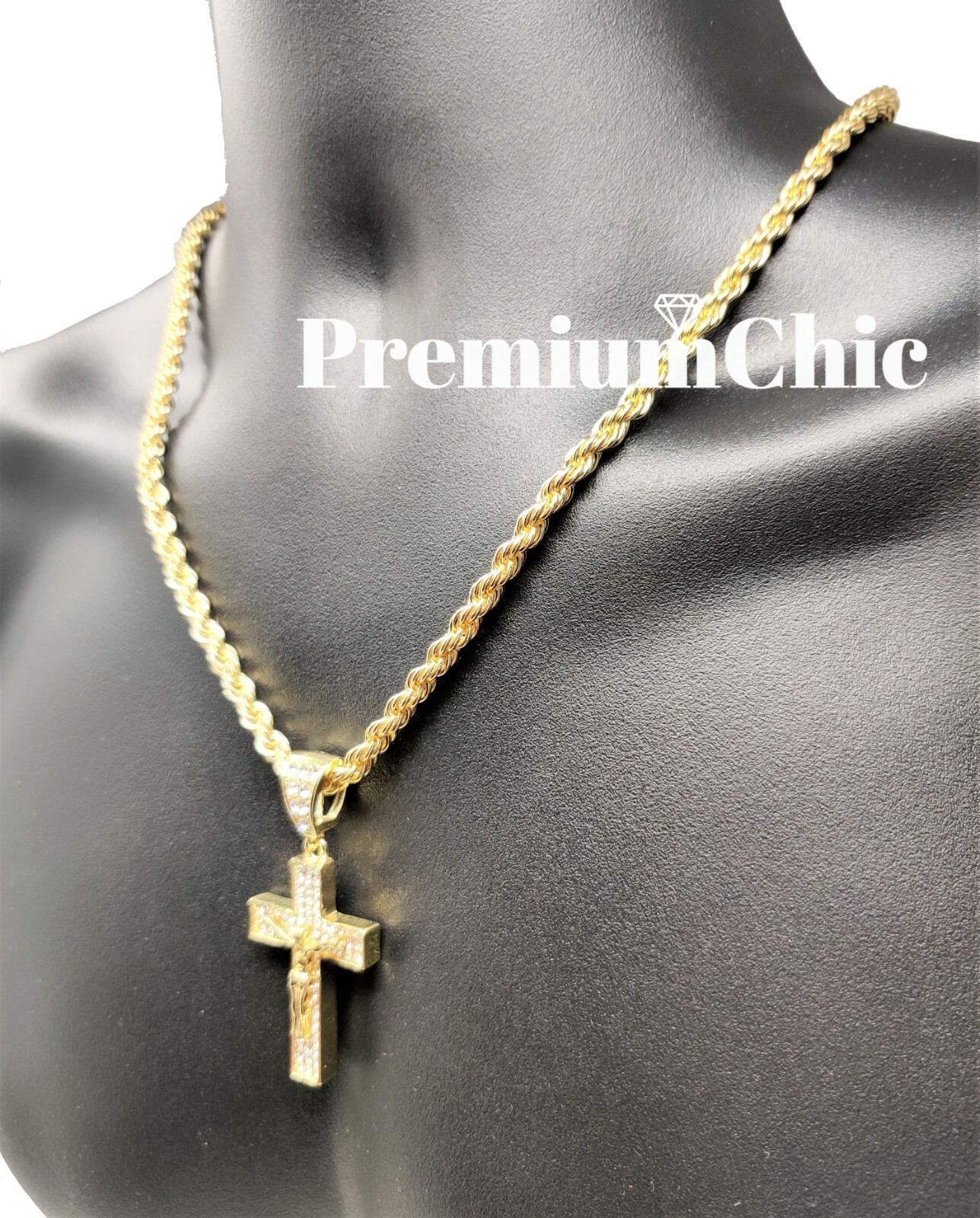 ICED Jesus Cross Pendant Necklace Choker with Rope Chain Mens Plated CZ Jewelry