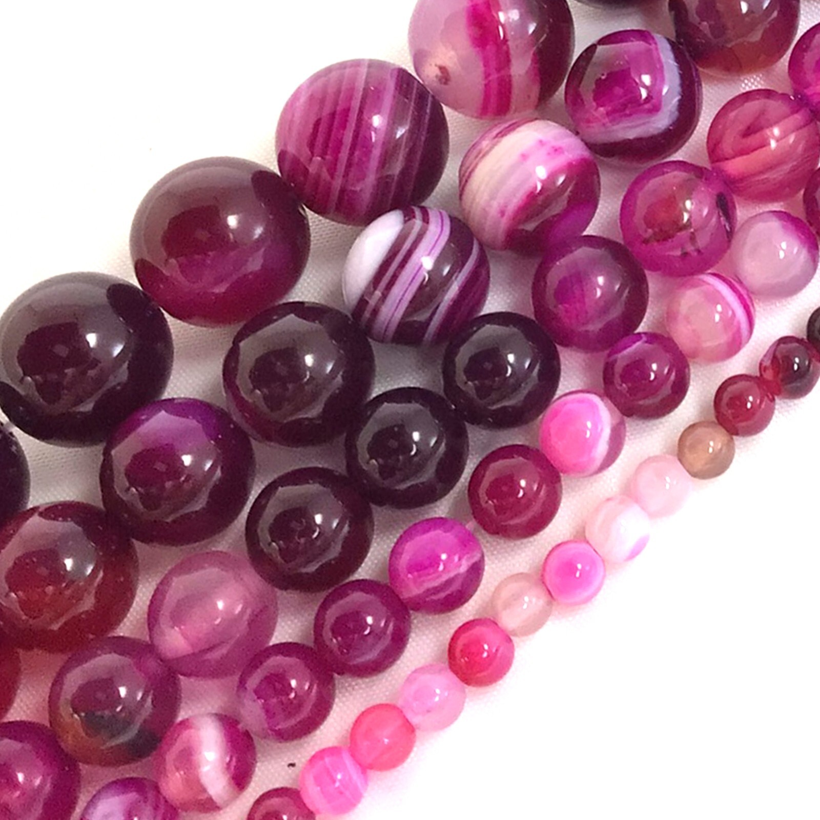 Gemstone Natural Hot Pink Stripe Agate Round Bead 15″ Jewelry Making Fuchsia