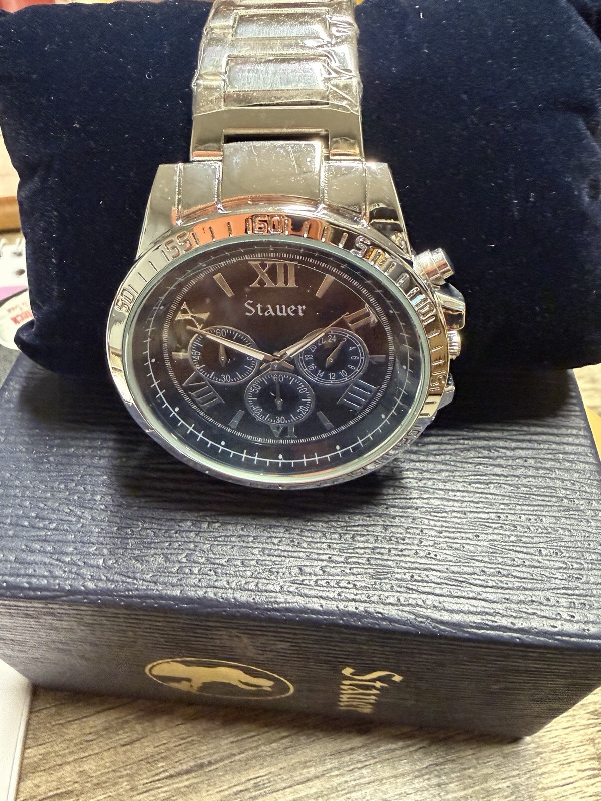 Stauer Chronograph Watch Mens OS Silver Black Tachymeter Dial Stainless Steel