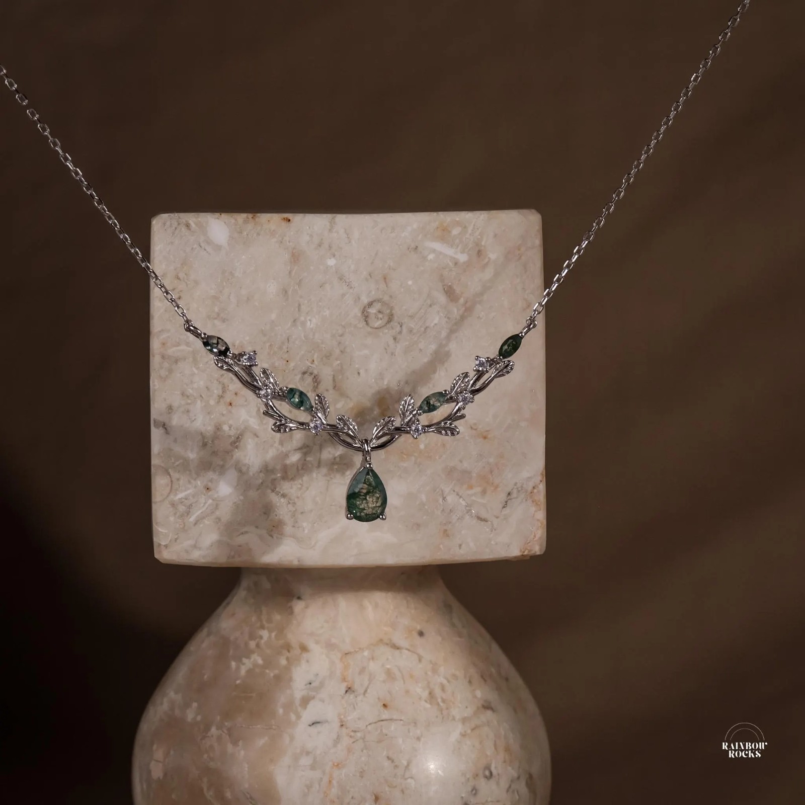 Natural Moss Agate Leaf Necklace Sterling Silver, Vintage Style Pendant for Her