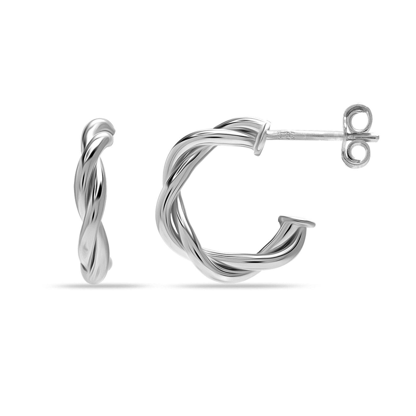 Rhodium-Plated Demi-Fine Sterling Silver Post Twisted Small C Hoop Earrings
