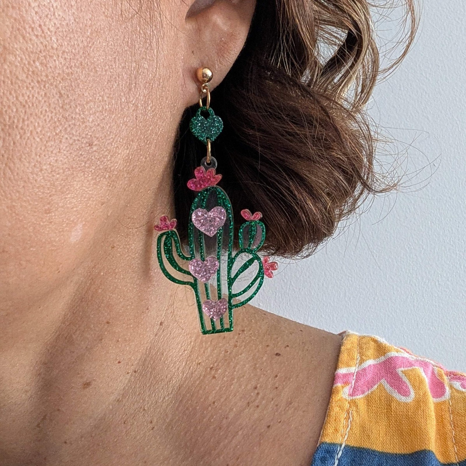 Glitter Heart Cactus Acrylic Dangle Earrings