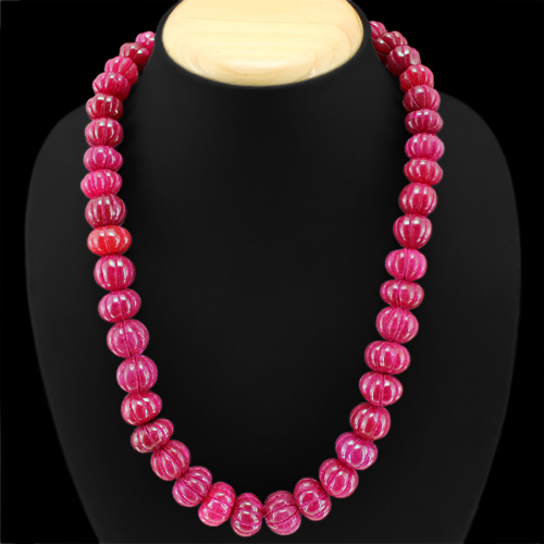 EXCELLENT TOP CLASS 707.00 CTS ENHANCED RUBY ROUND CARVED BEADS NECKLACE (RS)