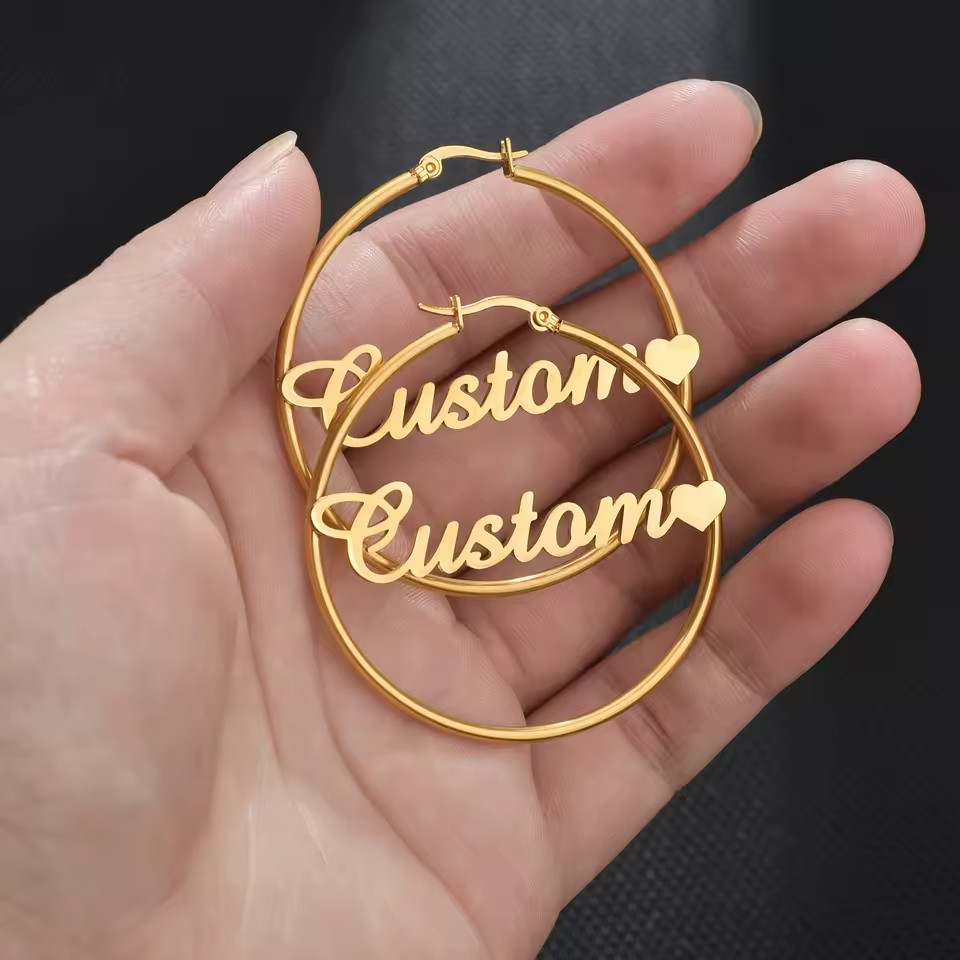 Custom Jewelry Personalized Name Hoop Earrings Pair Women Earlobe Gold Silver