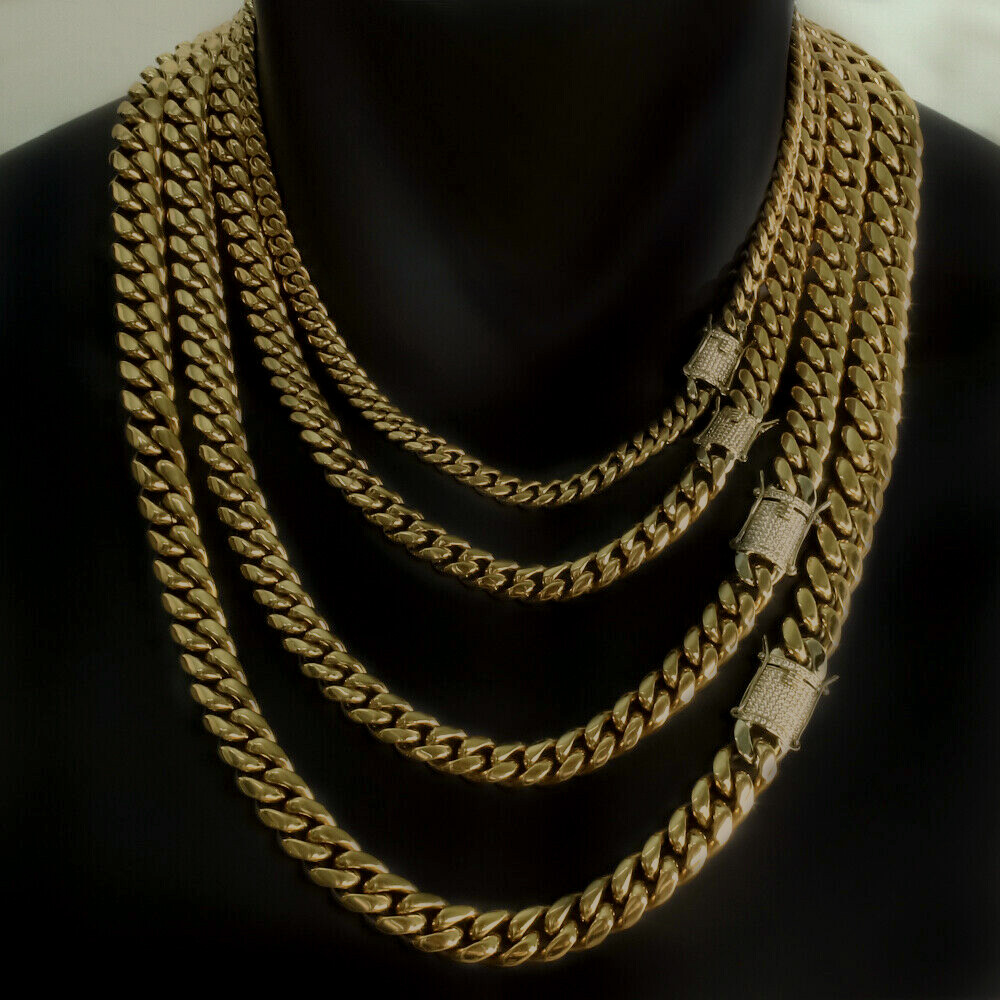 14K Gold Plated Chain CZ Clasp Stainless Steel Miami Cuban Link Bracelet 6-14MM
