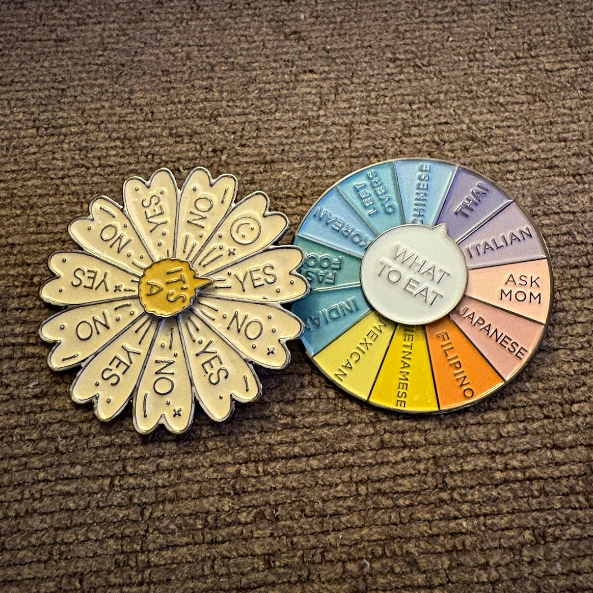 Set of 2 Enamel Metal Spinner Pins YES/NO Daisy + Food Choice Wheel, Round