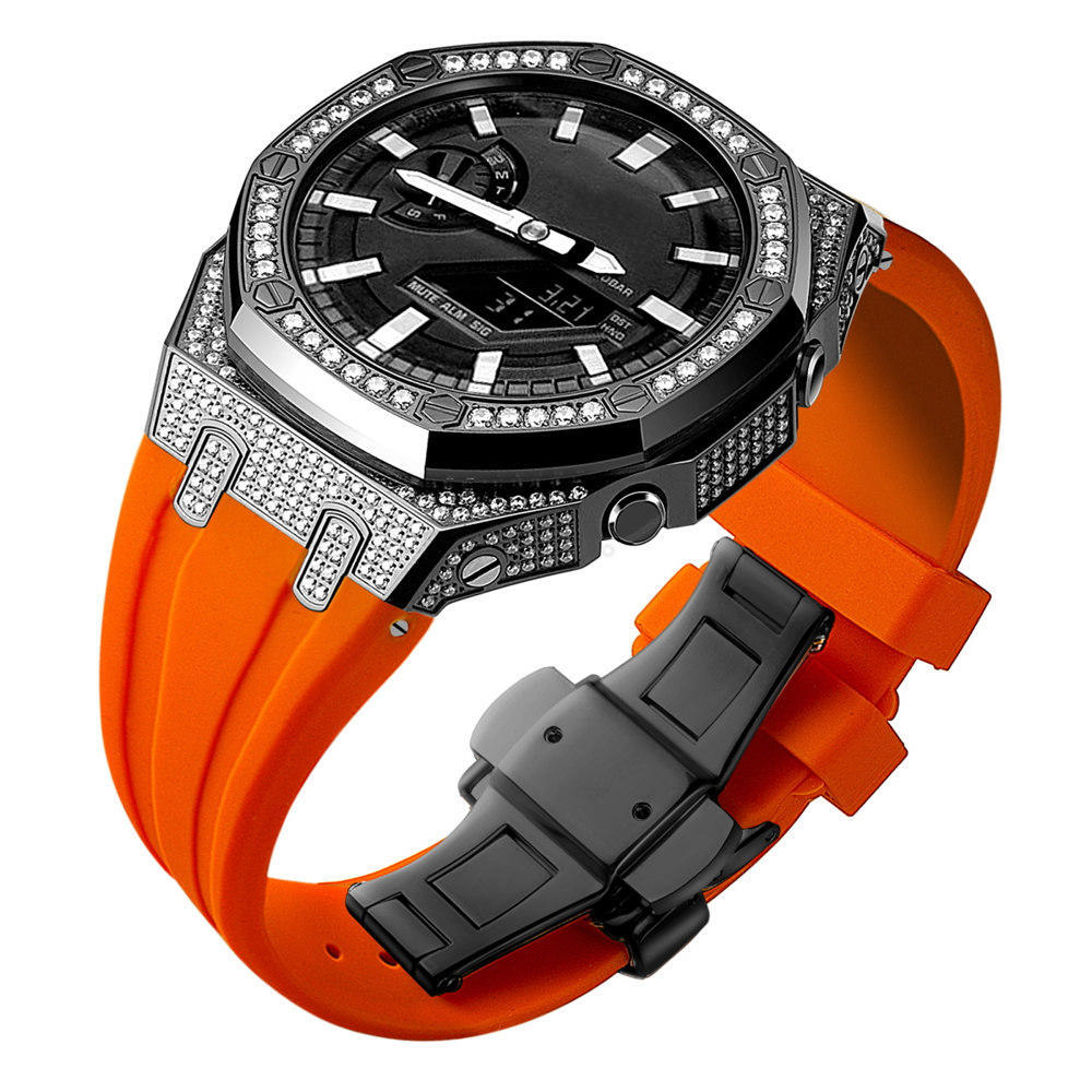 Bling Diamond Stainless Steel Case + Rubber Strap AP MOD KIT for G-SHOCK GA-2100