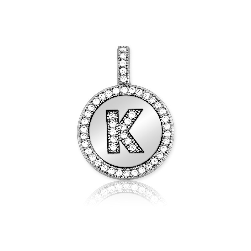 Sterling Silver Sparkling Micro Pave Circle “K” Pendant W/Chain Rhodium Plated
