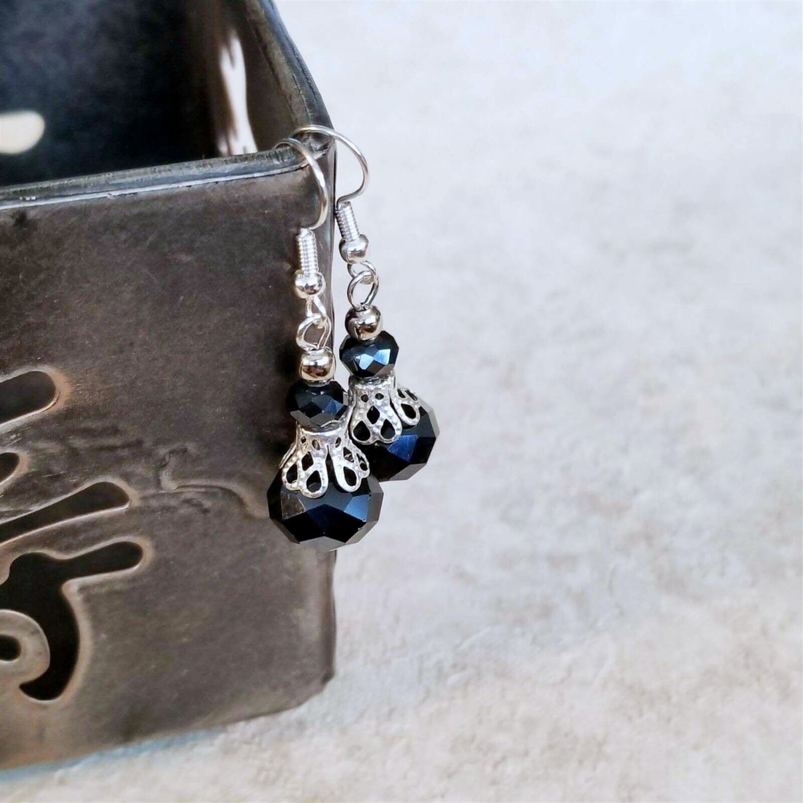 Victorian Black Crystal Silver Filigree Basket Handcrafted Earrings