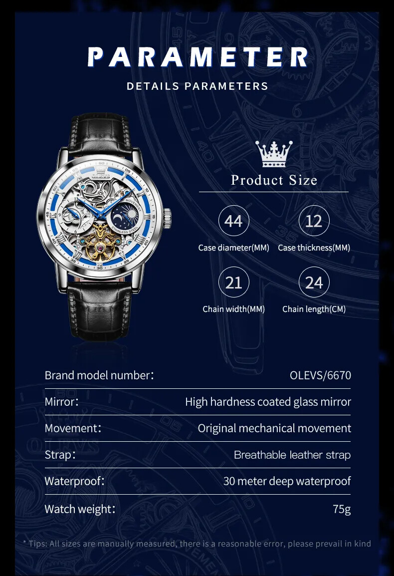 OLEVS Skeleton Self-Wind Automatic Mechanical Men’s Watch Leather Moon Phase