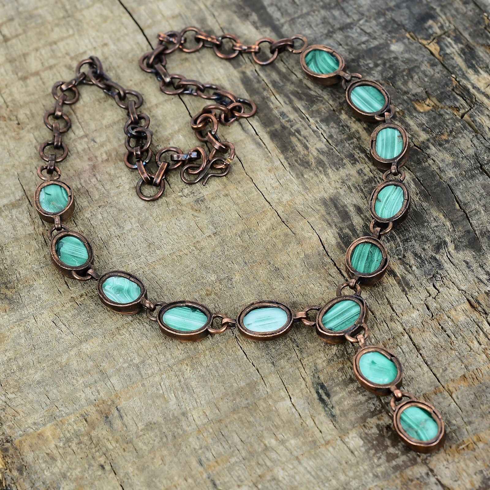 Valentines Sale Copper Malachite Gemstone Chain Electroformed Necklace Jewelry