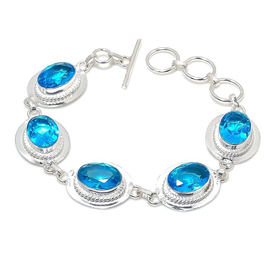 Swiss Blue Topaz Gemstone Handmade 925 Sterling Silver Jewelry Bracelet Sz 7-8″
