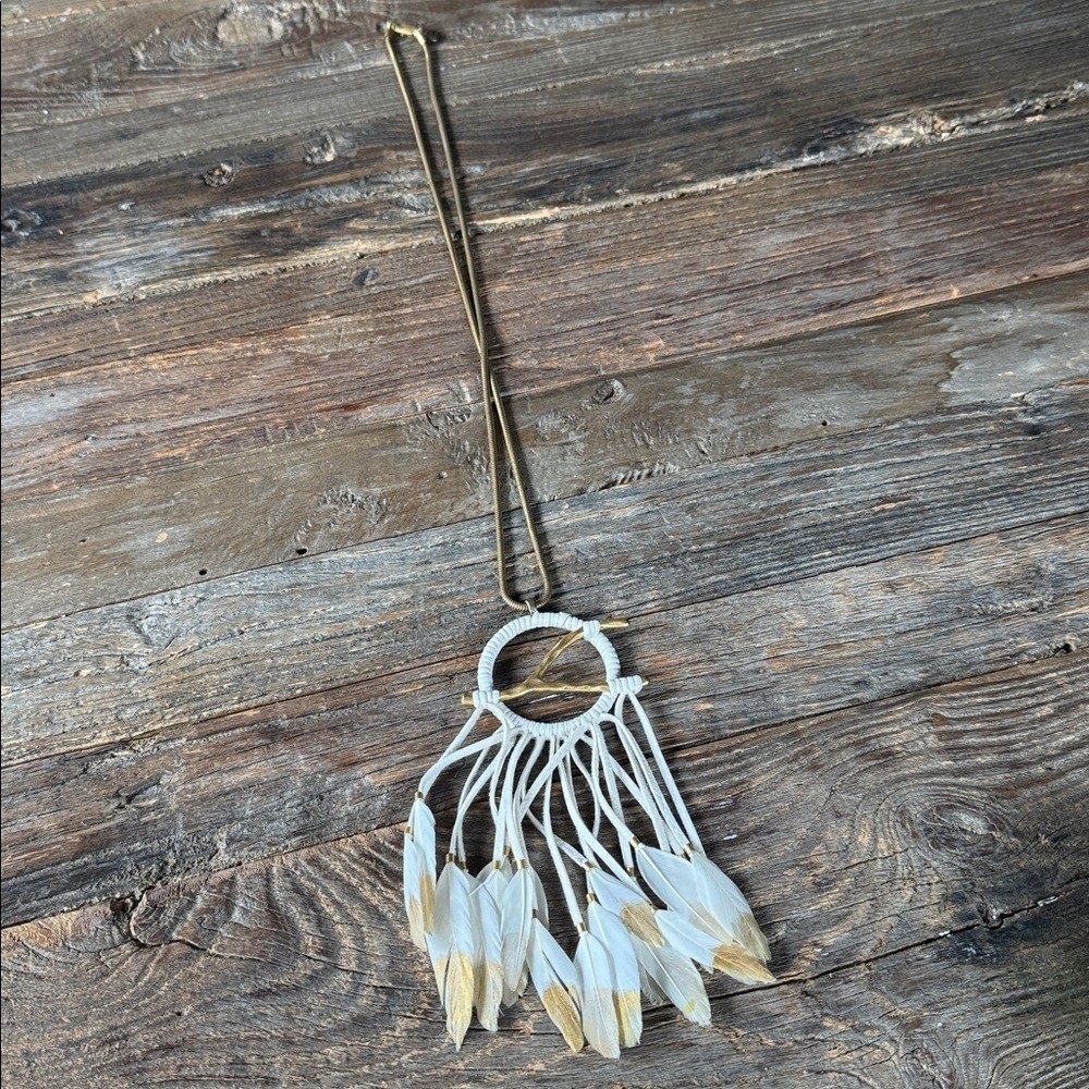 Tory Burch white leather dream catcher copper wishbone gold feather necklace