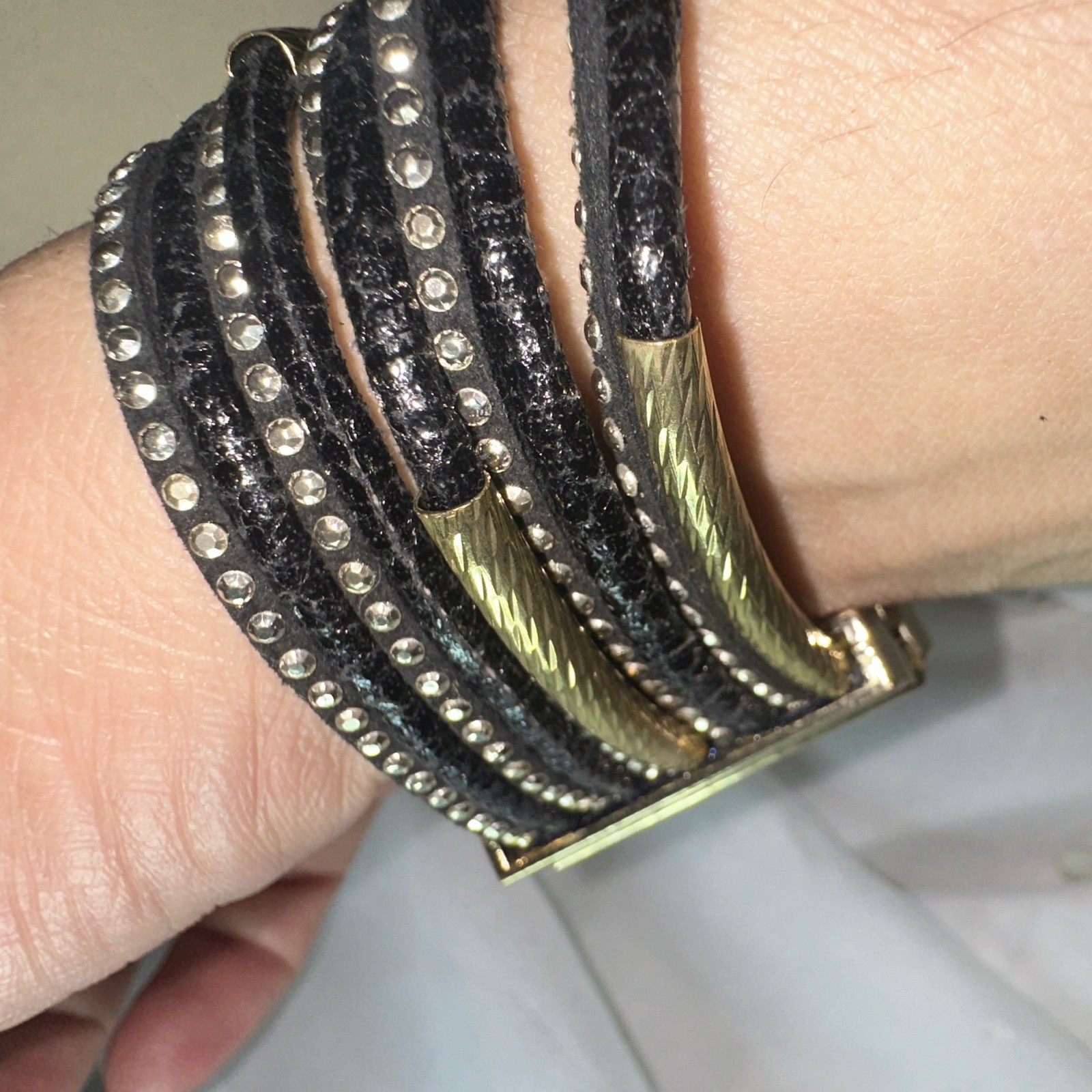 Black Faux Leather Multi-Row Wrap Cuff Bracelet, Gold-Tone Magnetic Clasp