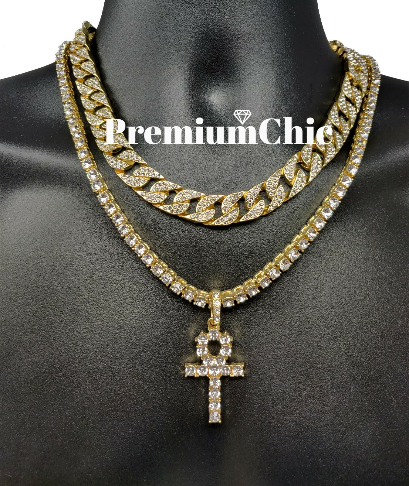 3pc Combo, ANKH Pendant + Tennis Chain + Cuban Choker Gold Plated CZ Jewelry