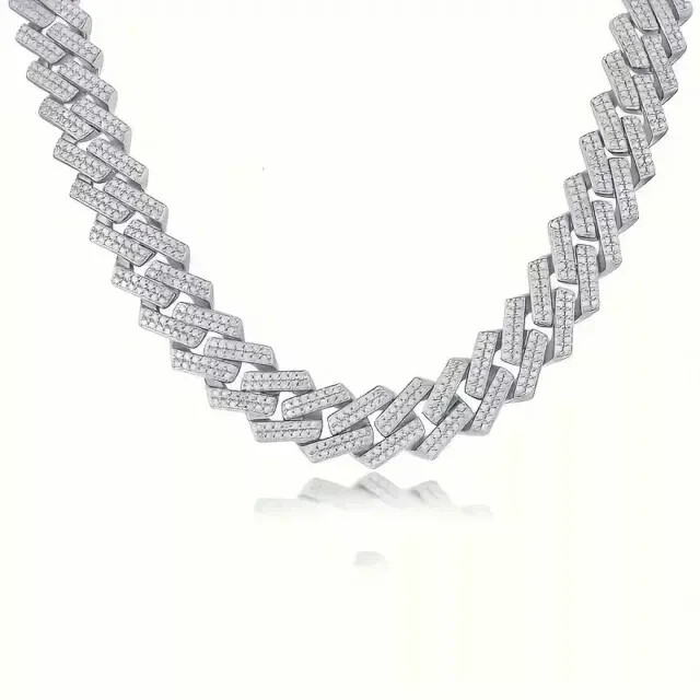 Miami Cuban Link Round Lab Created Diamond Men Chain 14K White Gold Plated