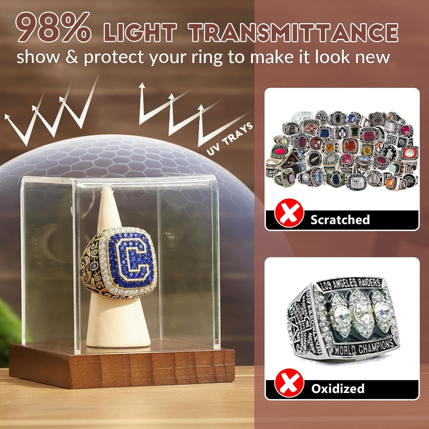 Championship Ring Display Case, Clear Acrylic Single Ring Holder with Wood