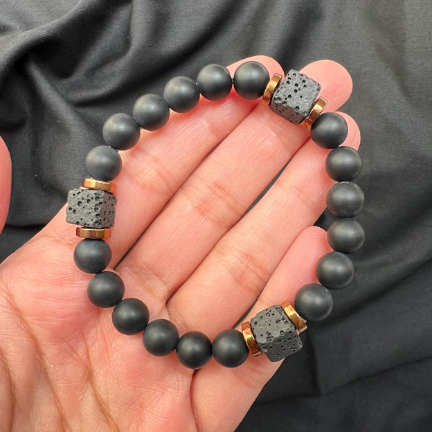Premium Men’s Matte Black Onyx & Lava Rock Cube Bead Stretch Bracelet Healing
