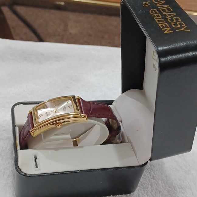 Gruen Embassy Quartz Rectangular Gold Tone Watch Brown Leather Strap w/ Box