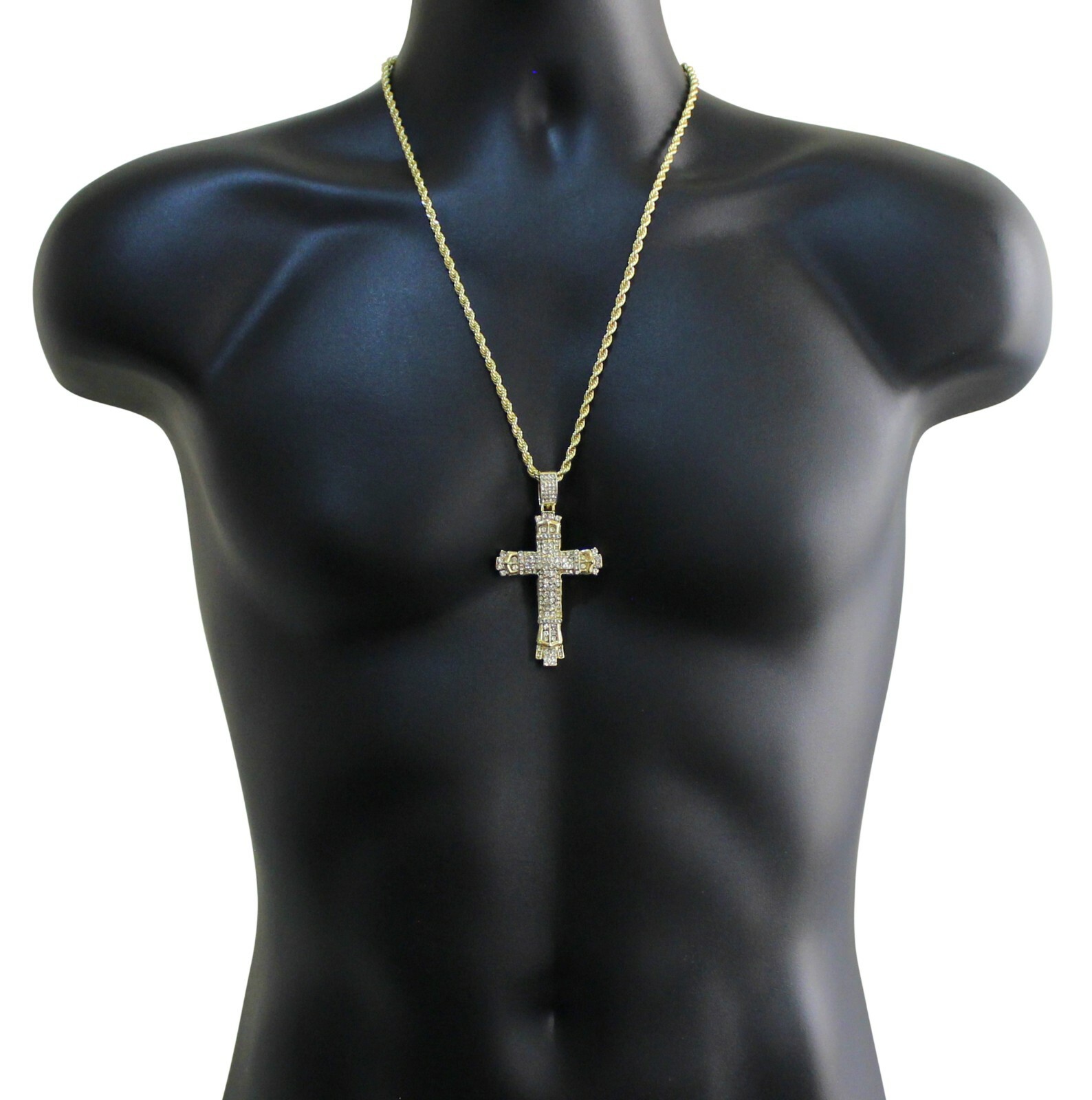 Mens Large Cross CZ Pendant 14k Gold Plated 24″ Rope Hip Hop Necklace