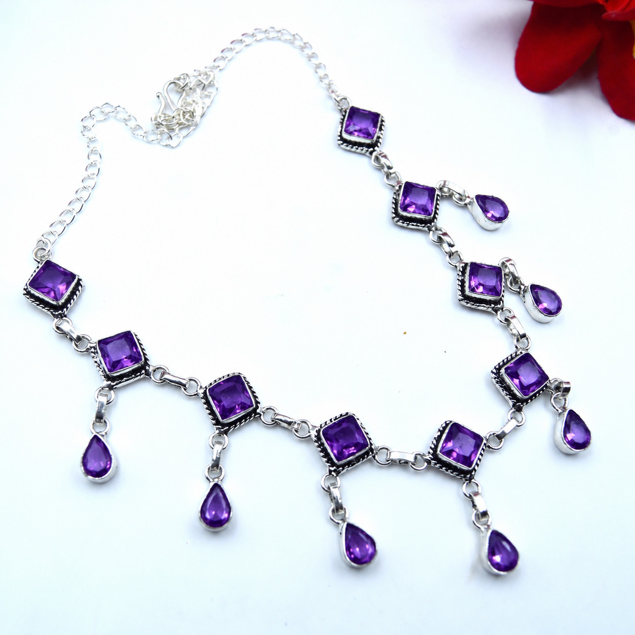 Purple Amethyst Gemstone Handmade 925 Sterling Silver Jewelry Necklace Sz-17-18″