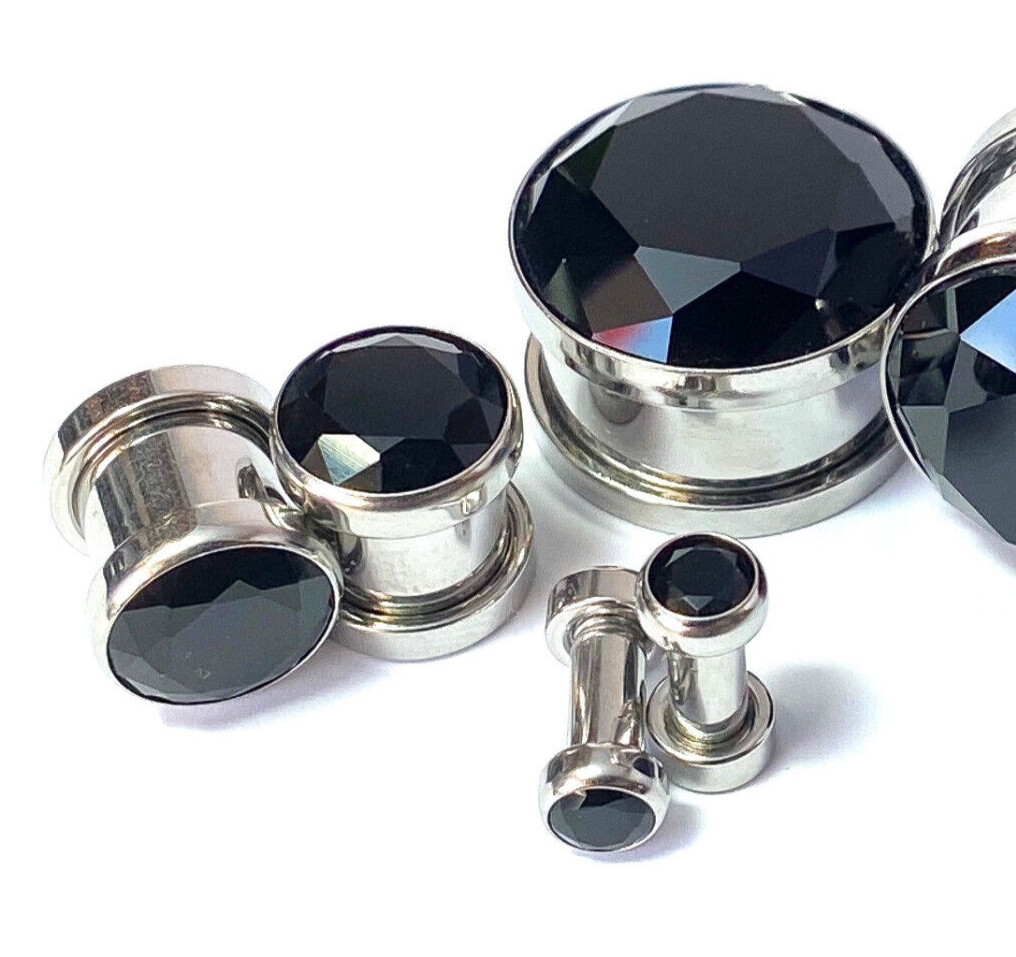 PAIR Large Black Gem Screw Fit Tunnel Plugs Gauges Pierced Body Jewelry Piercing