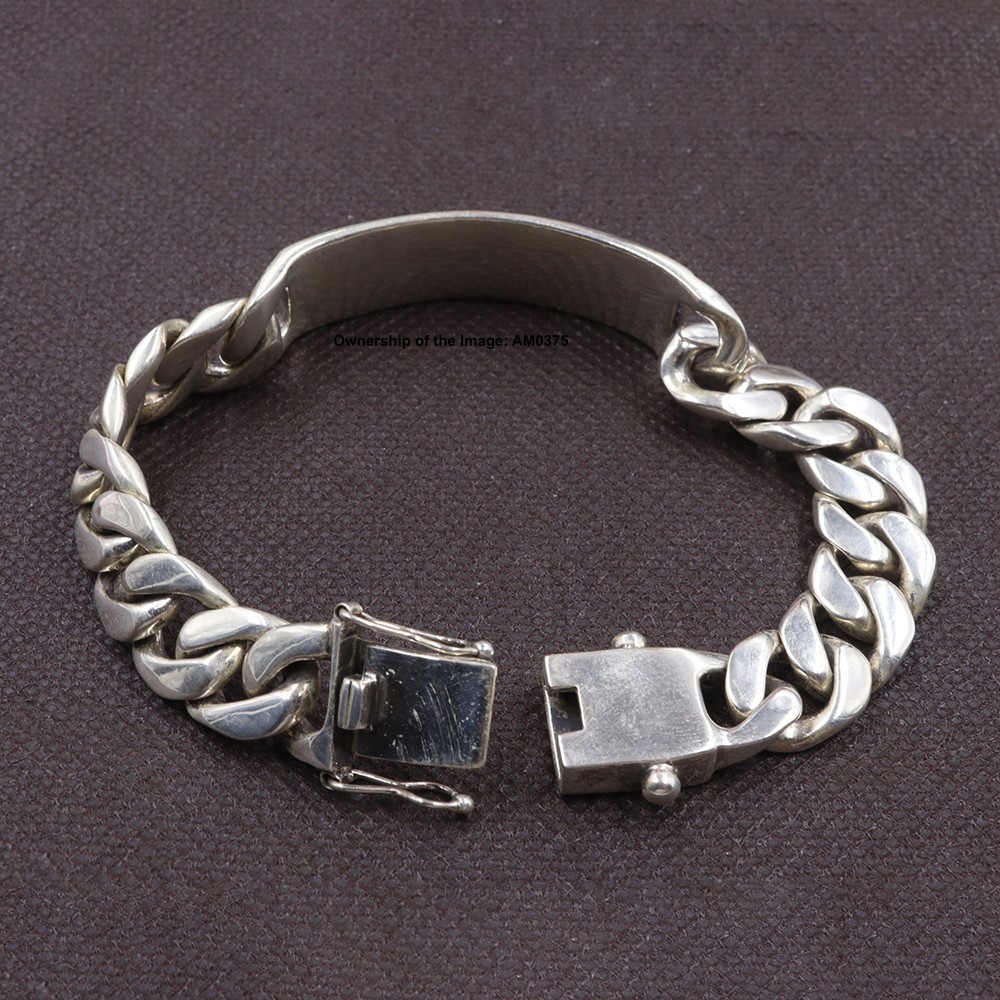 Solid 925 Sterling Silver Curb Link Bracelet W/ Plain Long Plate Bangle 7.9inch