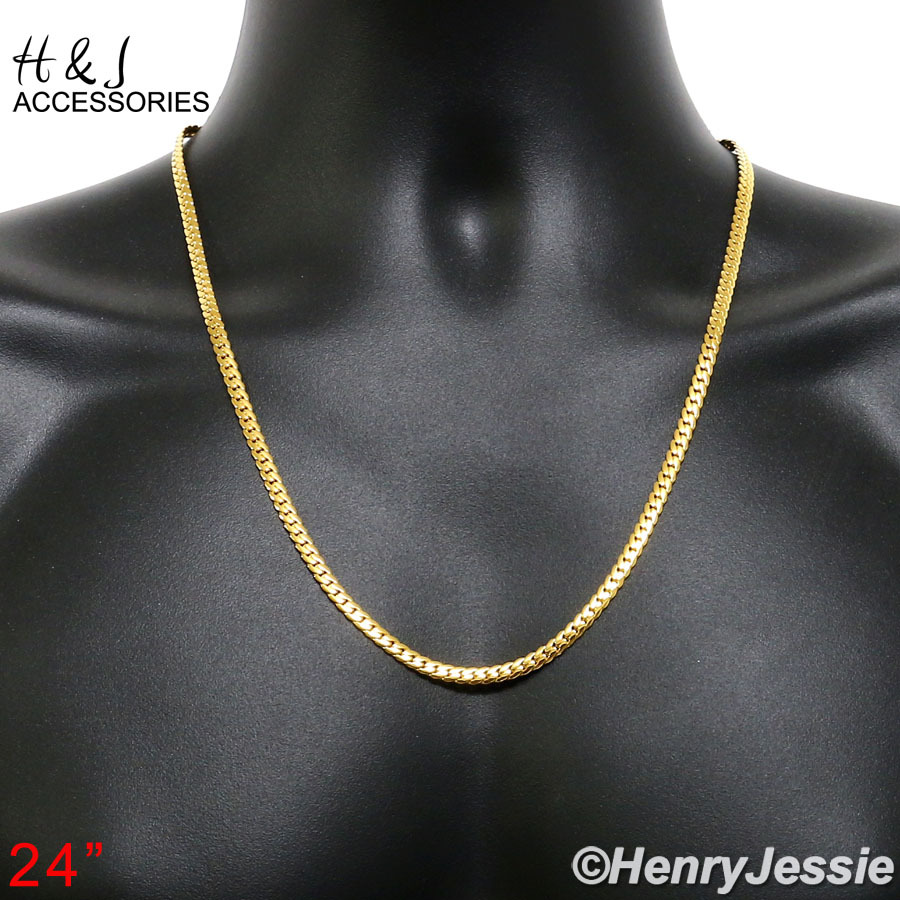 24″MEN Stainless Steel 4mm Gold Plated Miami Cuban Curb Link Chain Necklace