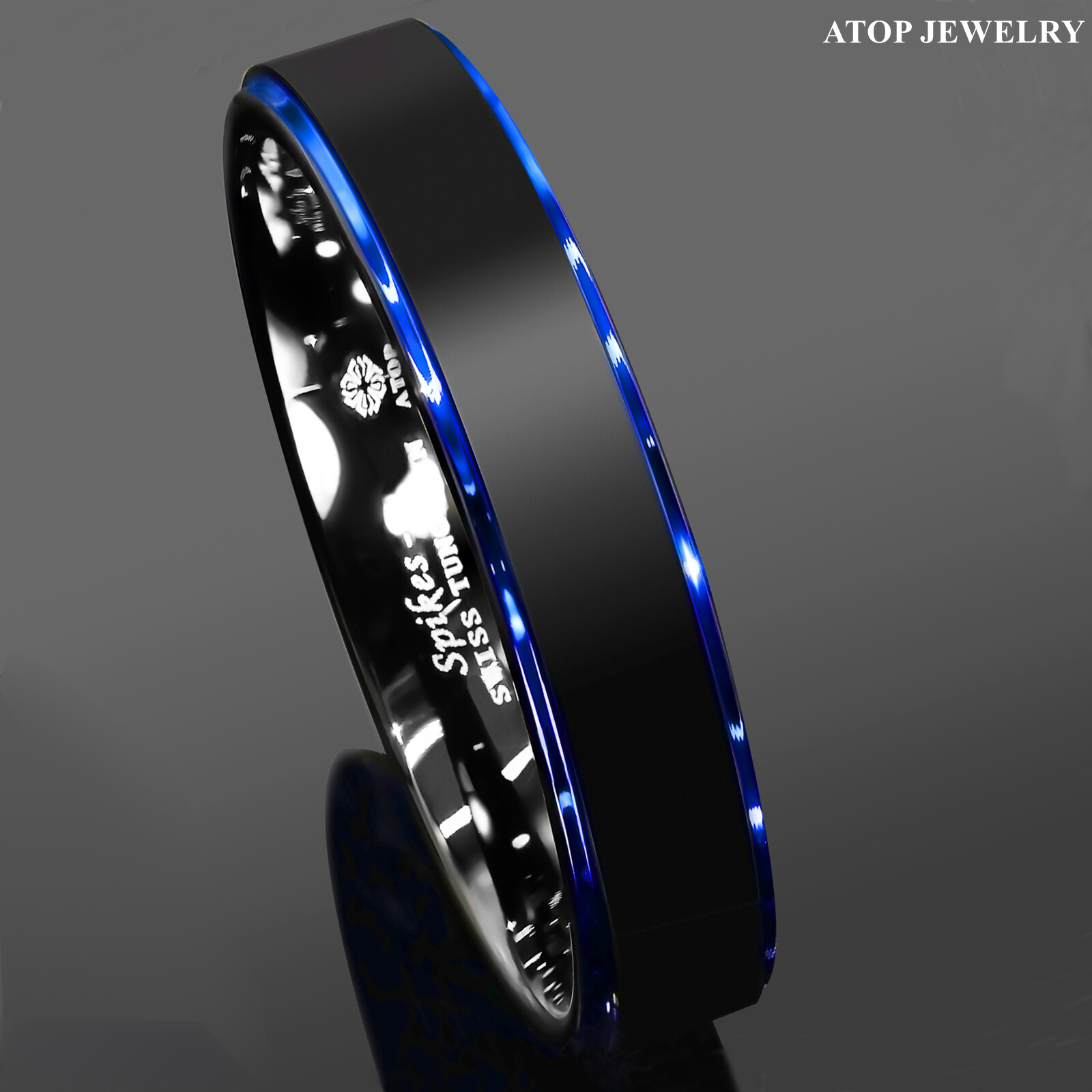 8/6mm Tungsten Ring Black Brushed Blue Stripe Wedding Band ATOP Men’s Jewelry
