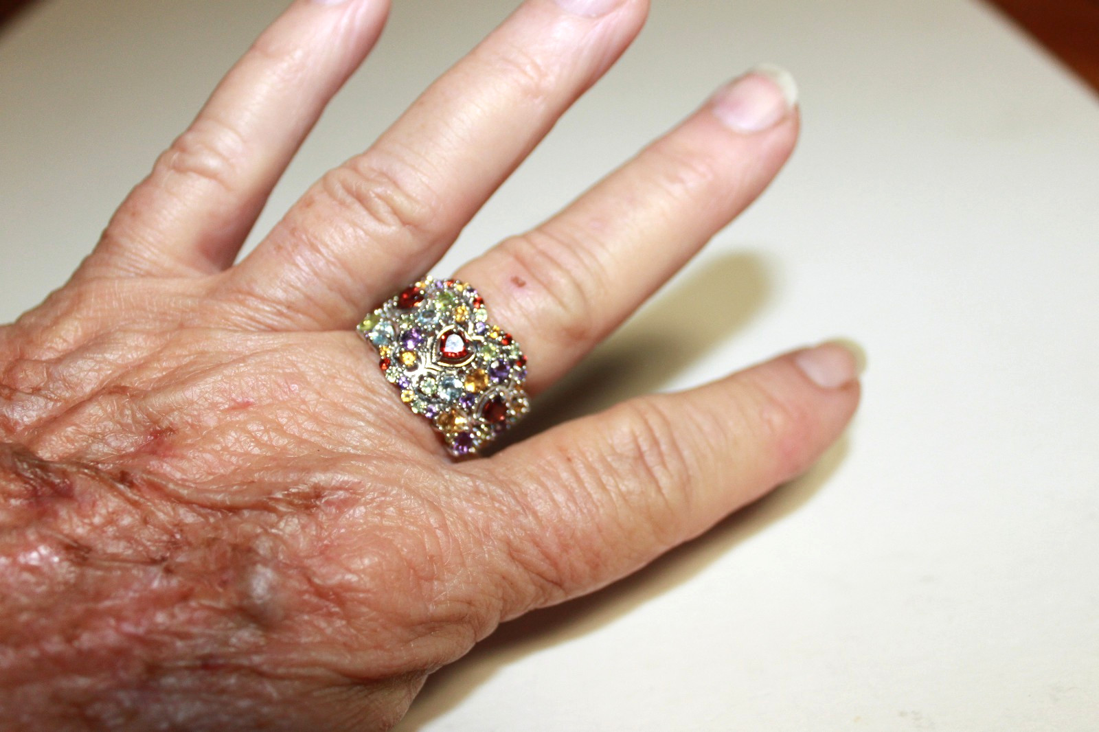 SIGNED BBJ 925 BANGKOK STERLING SILVER AND MULTI GEMSTONE RING SIZE 8 1/2