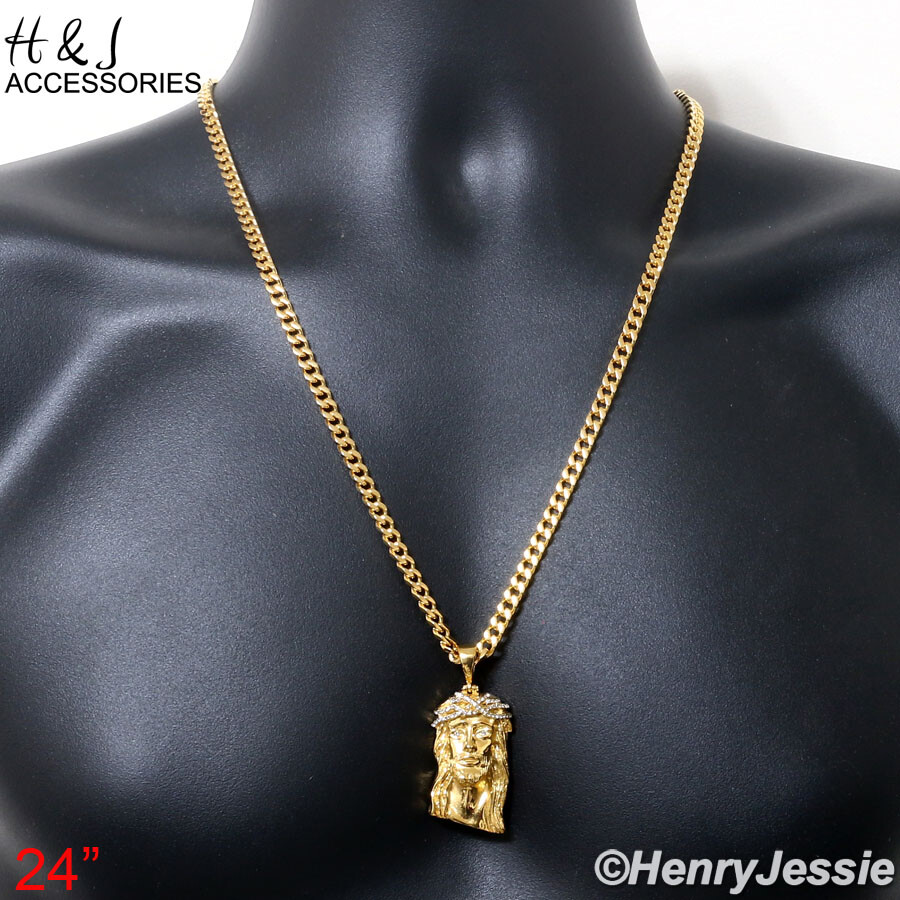 18″-40″MEN Stainless Steel 5mm Gold Plated Cuban Chain ICY CZ Jesus Pendant*G133
