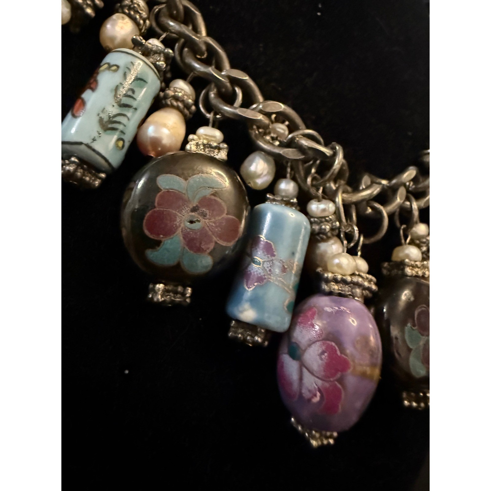Vintage Hand Painted Ceramic Bead Pearl Charm Necklace Silver Tone 18in