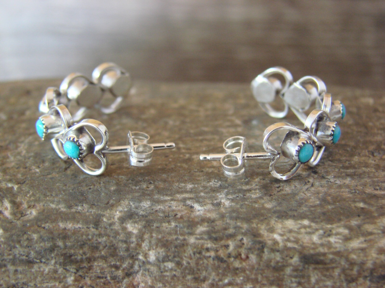Zuni Indian Sterling Silver Turquoise Heart Hoop Post Earrings