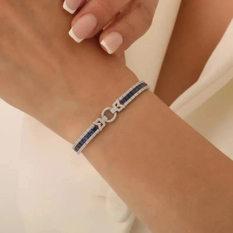 12ct Lab Created Princess Cut Blue Sapphire 14K Gold Plated 925 Tennis Bracelet