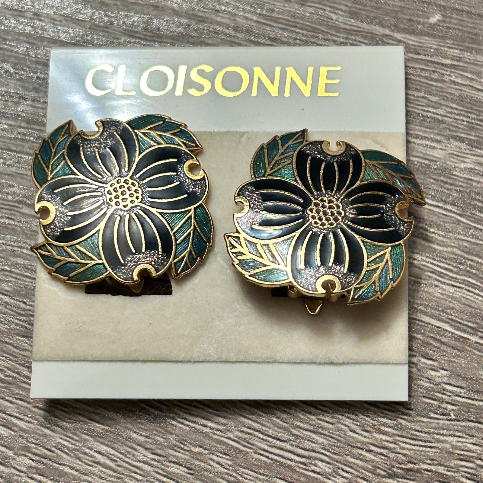 Vint Cloisonne Dogwood Clip-on-Earrings, New Old Stock , Blue, Green & Gold