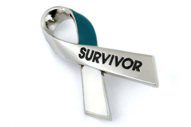 Cervical Cancer Awareness SURVIVOR Lapel Pin Tie Tac Brooches Teal/White Ribbon