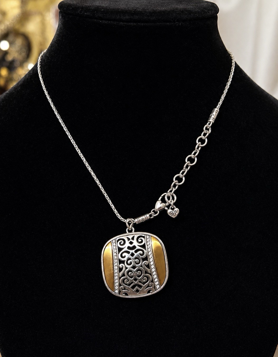 Silver-Tone Cable Chain Necklace Two-Tone Scroll Rectangle Pendant Lobster