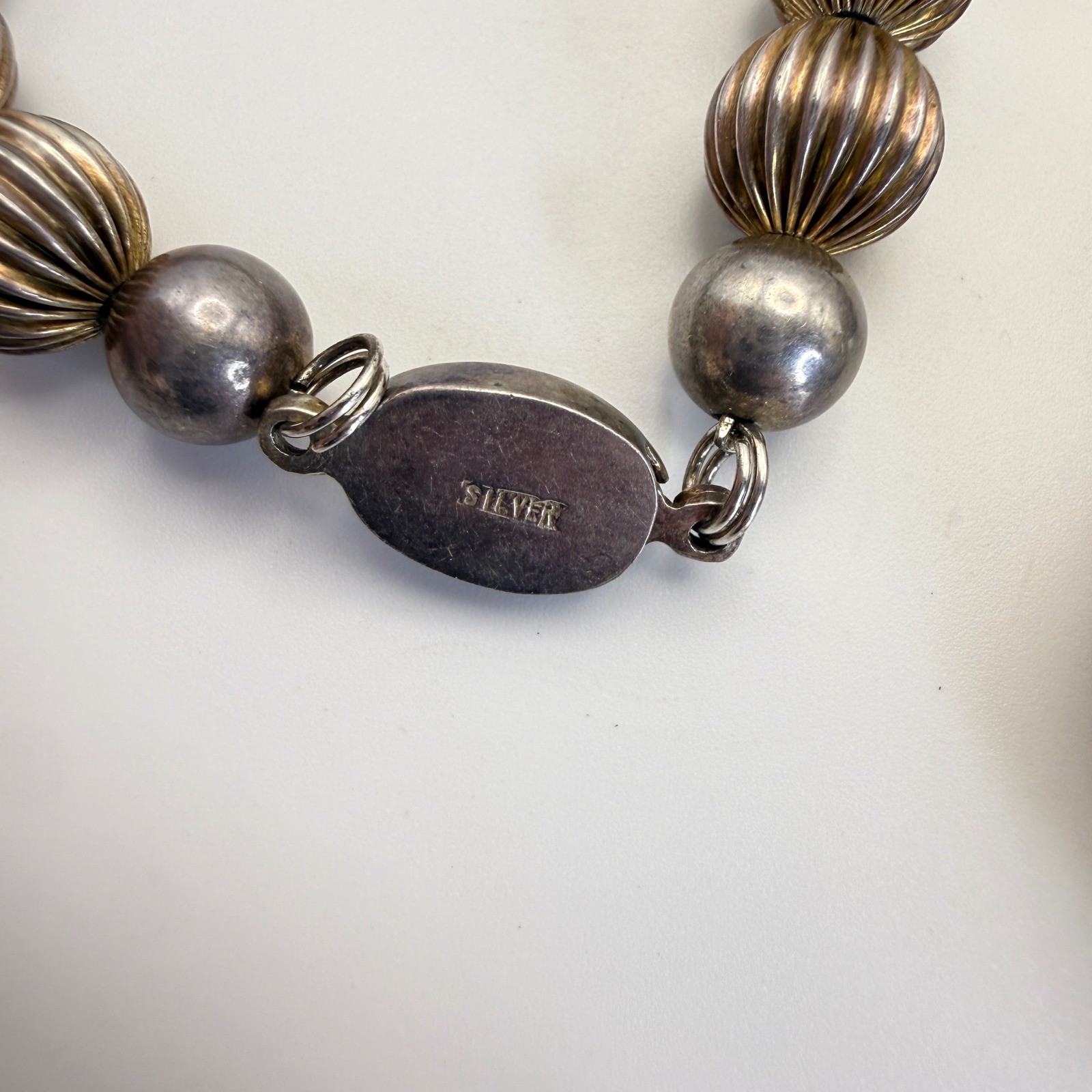 Sterling Silver Bead Necklace 108 Grams Graduated Ribbed Filigree Clasp