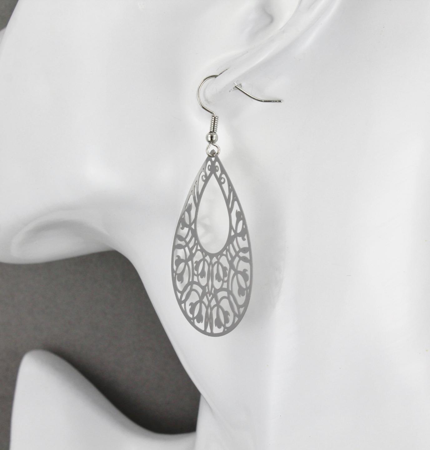 Silver teardrop filigree dangle earrings shiny 2 7/16″ long lightweight scroll