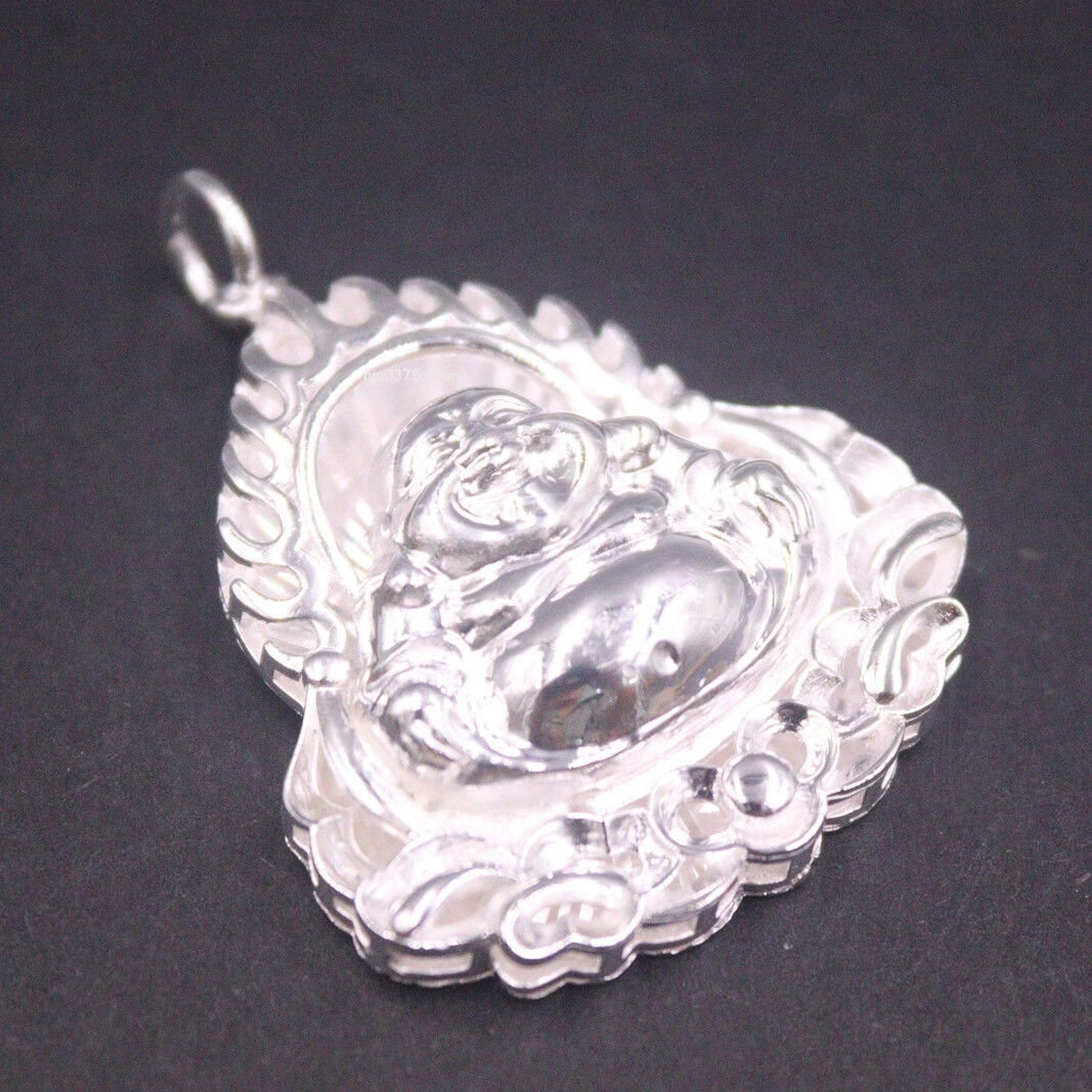 Real 999 Pure Silver Pendant Women Men Flame Luck Bless Buddha 1.57inchH /13g