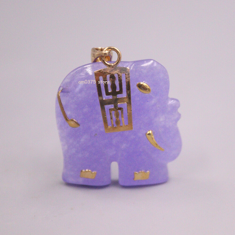 Yellow Gold plated Simulated Heating Jade Jadeite Purple Elephant Pendant 1.2inL