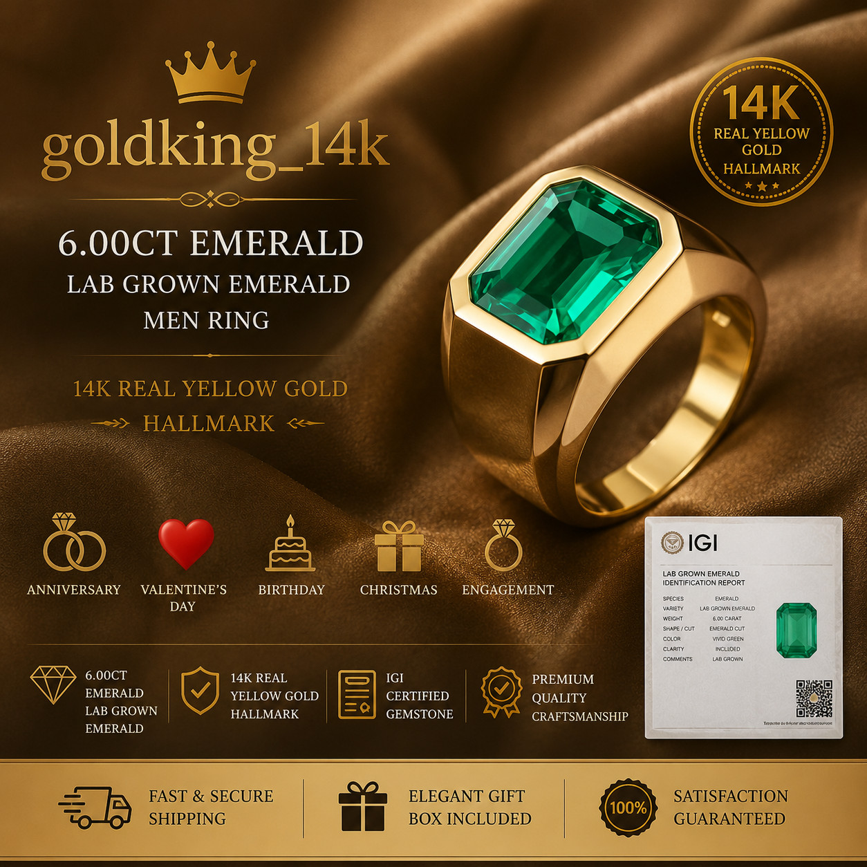 6.00ct Emerald Lab Grown Emerald Men Ring 14k Real Yellow Gold IGI Certificate