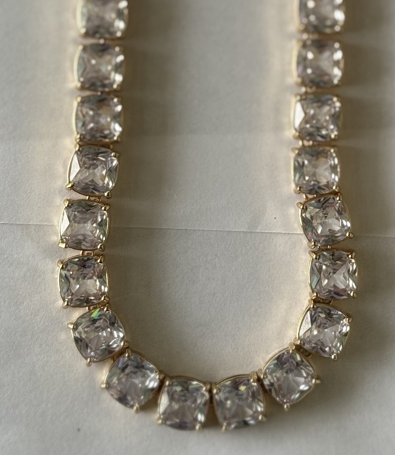 Bright Gold Tone Square Clear Crystal cushion Cut tennis 16 Inch Choker