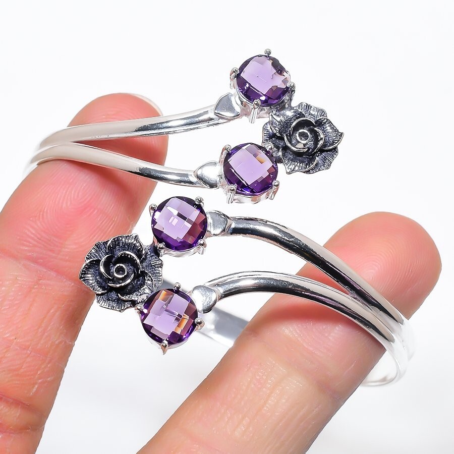 Purple Amethyst Gemstone Handmade 925 Sterling silver Adjustable Cuff Bracelet