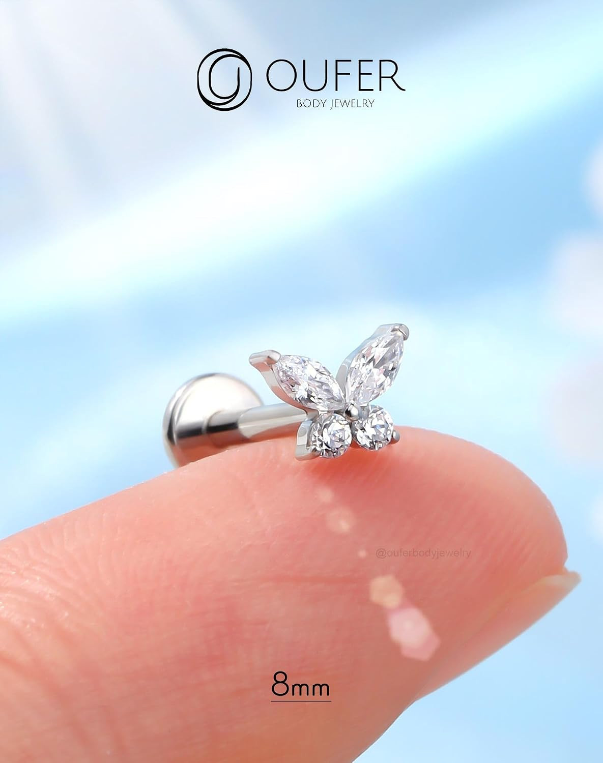 Threadless Butterfly Labret Stud, 316L Surgical Steel Flat Back Push in Piercing