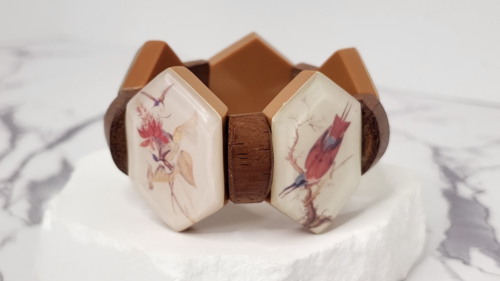 Boho Tropical Wooden Hexagon Tile Bracelet Acrylic Resin Bird Print Statement