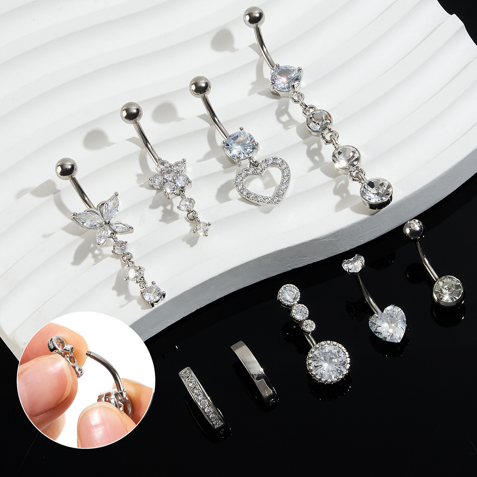 9pc 14G CZ Belly Button Ring Long Dangled Navel Bar Piercing Jewelry Silver Gold