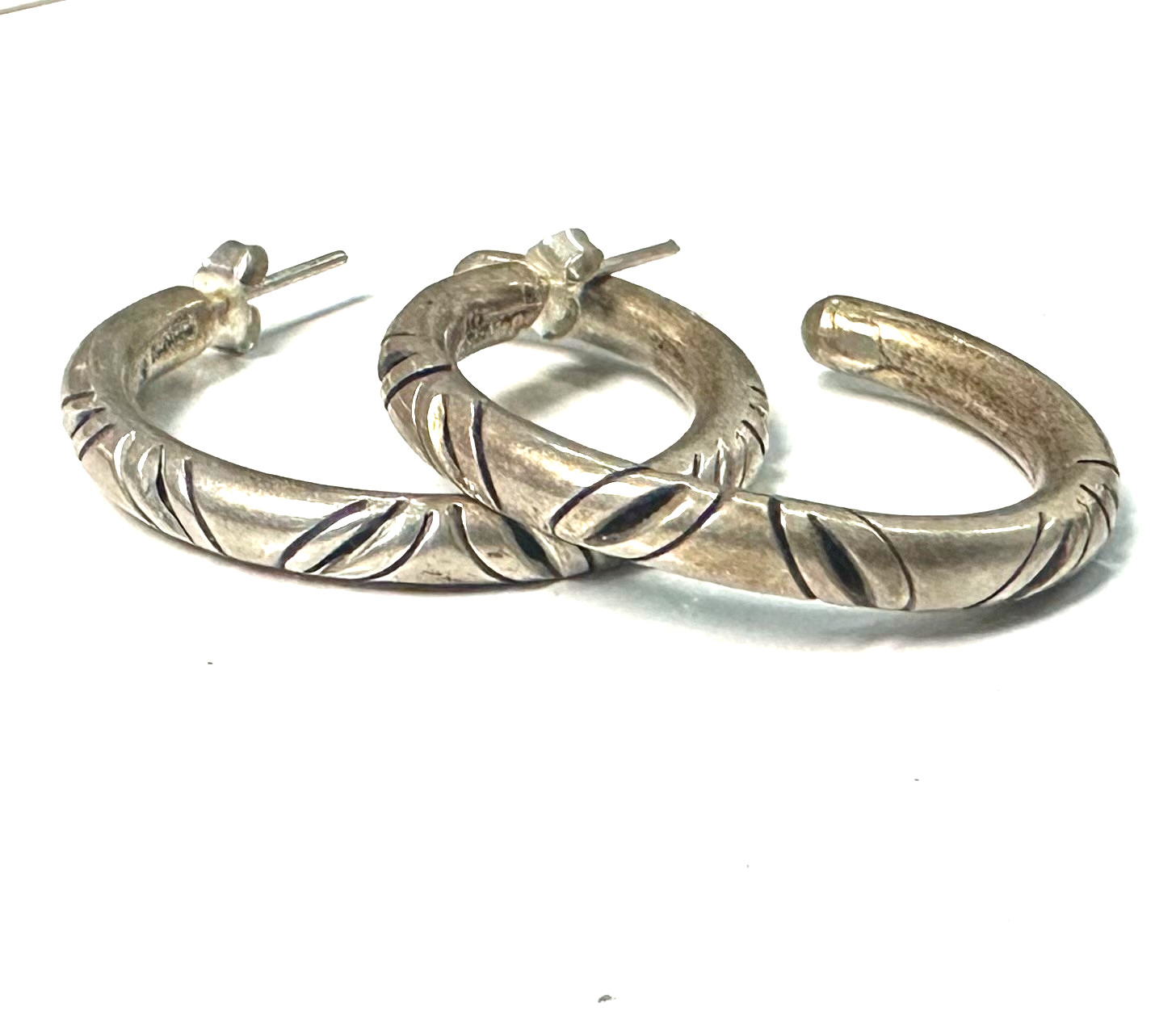 Signed MWS Mexico Hoop Earrings 925 Large Etched Hoops Sterling Silver 925 #10